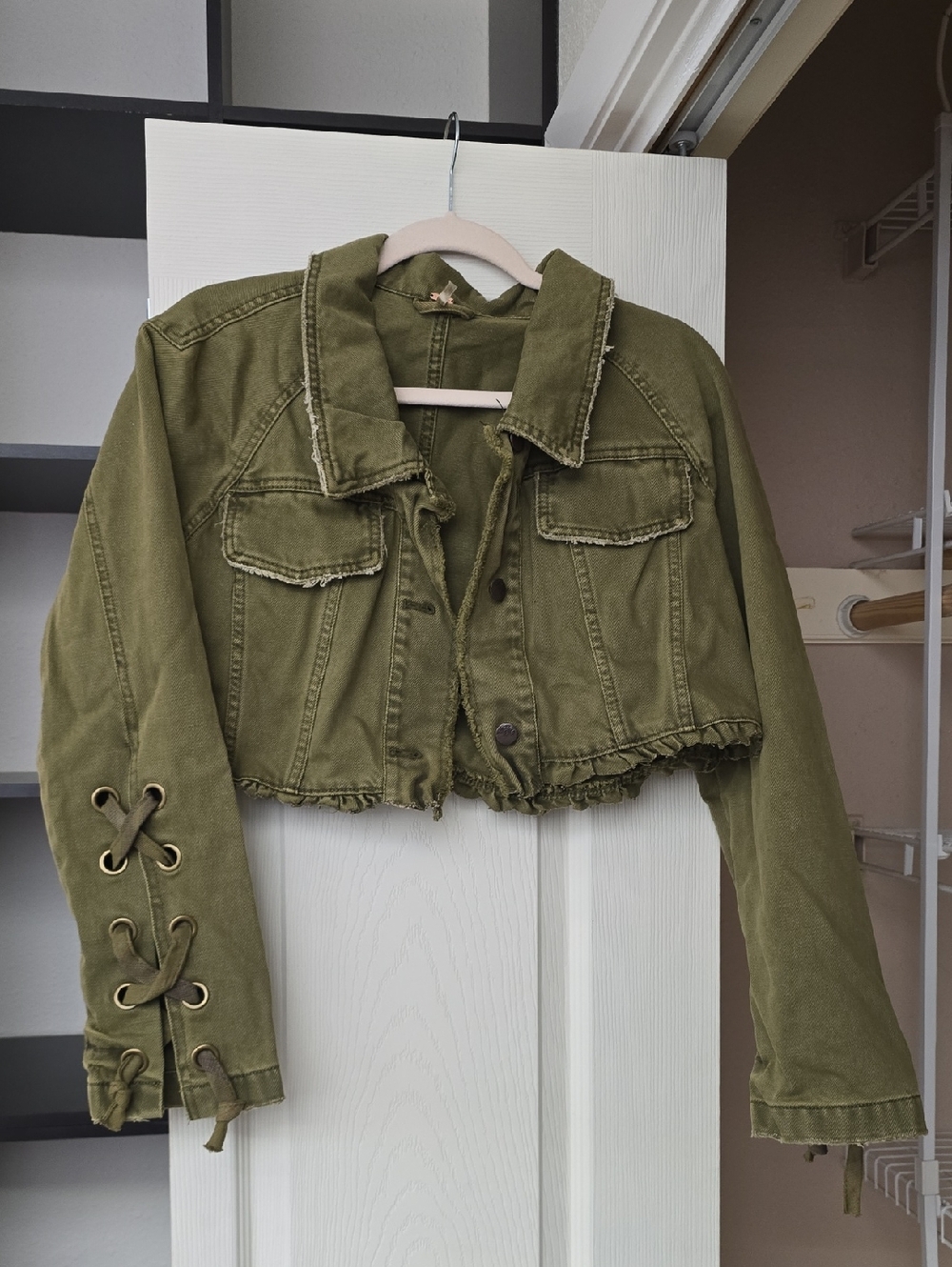 Free People Olive Green Cropped Jacket with Lace-Up Sleeves